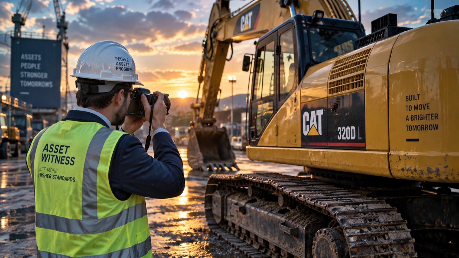 An asset witness in a hard hat and high-visibility vest photographs a large excavator at sunset.